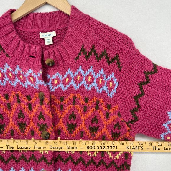 SUNDANCE Sweater PM Petite Fair Isle Thermal Cardigan Button Up Wool Blend Pink - Picture 13 of 16
